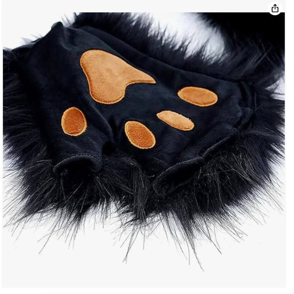 Furry Black Cat Costume with Mask,Tail and Fingerless Faux Fur Paw Gloves